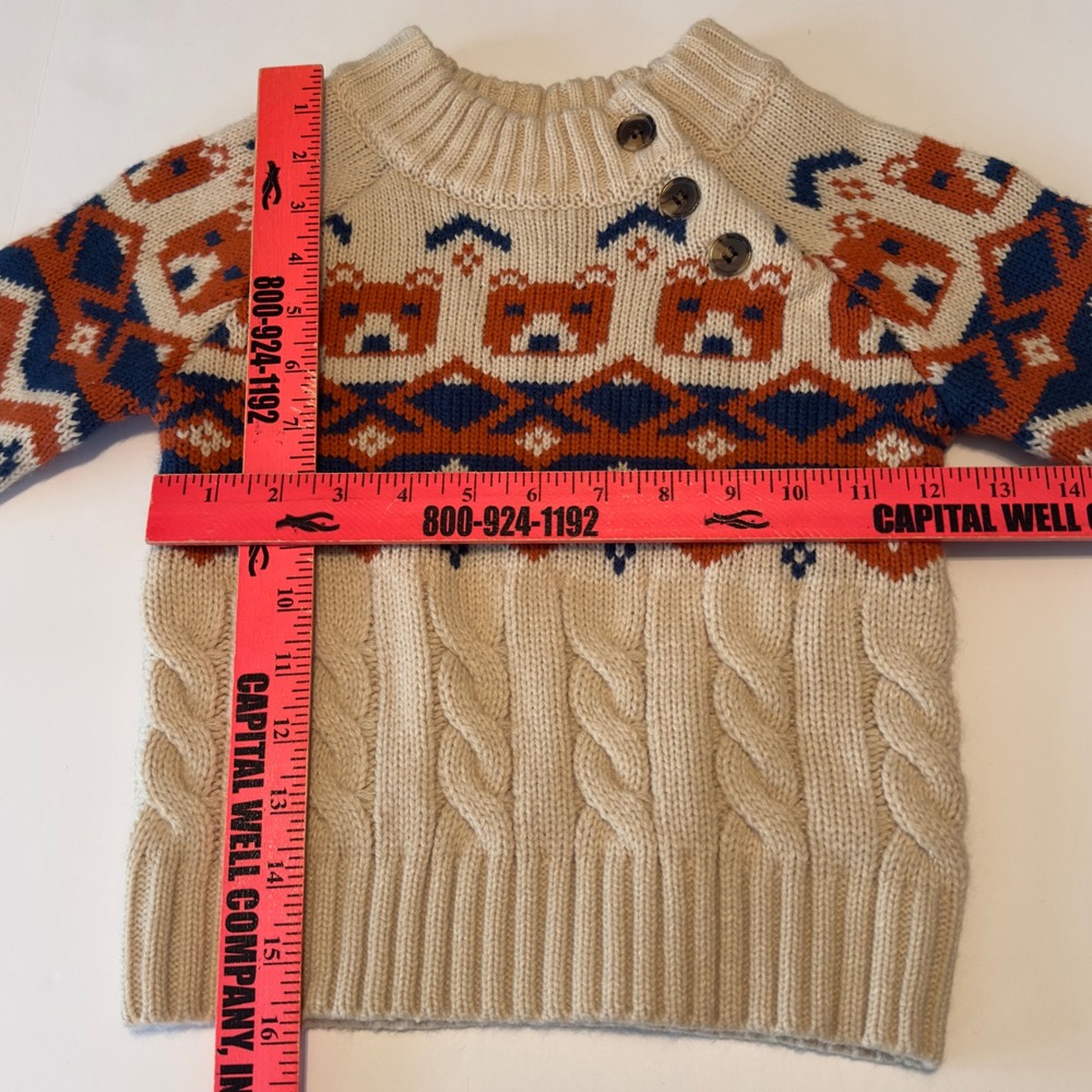 Bleached Kid 4T Bear Fair Isle Cable Knit Sweater Cream Rust Navy Blue Button Up - Picture 3 of 8